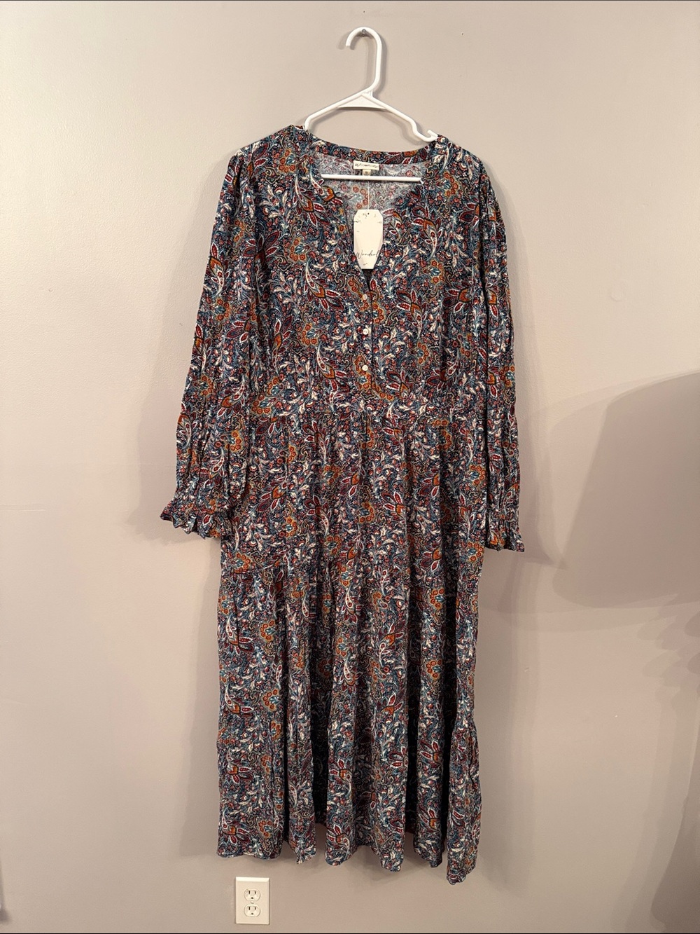 Wonderly Paisley Tiered Maxi V-Neck Dress in Navy, Rust & Teal